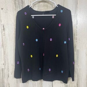 ETOILE Sweater Size  Medium Black V-Neck Pullover Embroidered Easter Egg Festive
